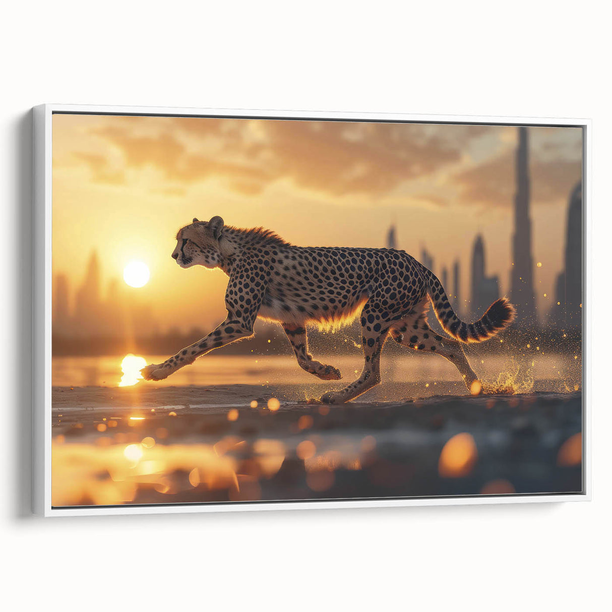 Framed wall art featuring a stunning cheetah design in vibrant colors, showcasing a side view of the animal against a white background, perfect for wildlife enthusiasts.