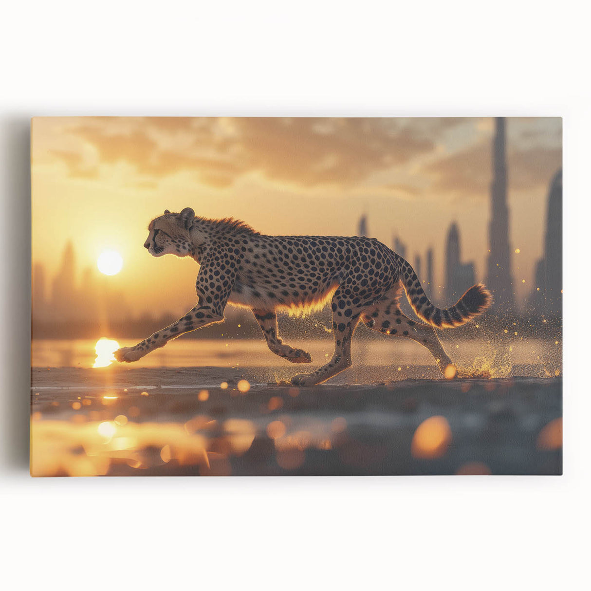 Vibrant stretched canvas wall art featuring a majestic cheetah in a natural habitat, showcasing detailed fur patterns and expressive eyes, perfect for wildlife enthusiasts.
