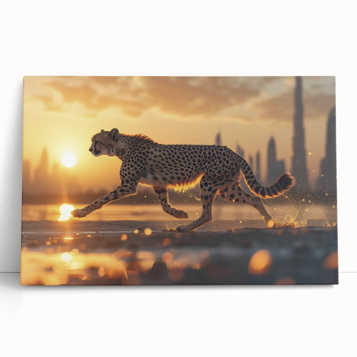 Stretched canvas wall art showcasing a vibrant cheetah design in a natural setting, perfect for animal lovers and home decor enthusiasts. The artwork features bold colors and intricate details, capturing the essence of wildlife.