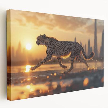 Stretched canvas wall art featuring a striking side view of a cheetah in a natural habitat, showcasing vibrant colors and intricate details, perfect for wildlife enthusiasts.