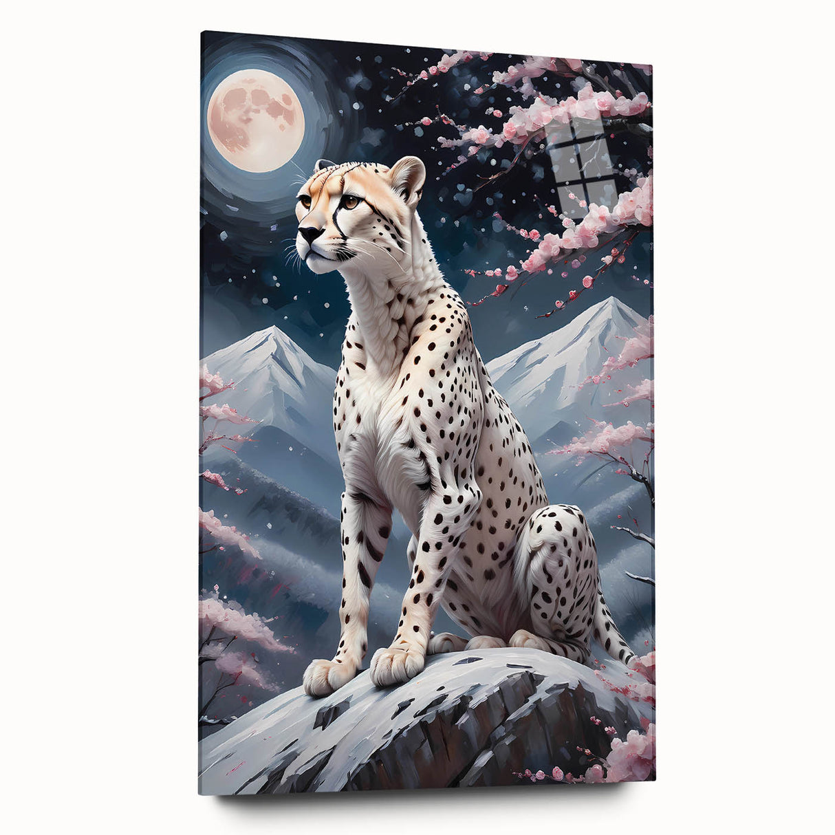 Cheetah-themed wall art design featuring a striking side view of a cheetah, printed on acrylic glass, showcasing vivid colors and sleek details, perfect for wildlife enthusiasts.