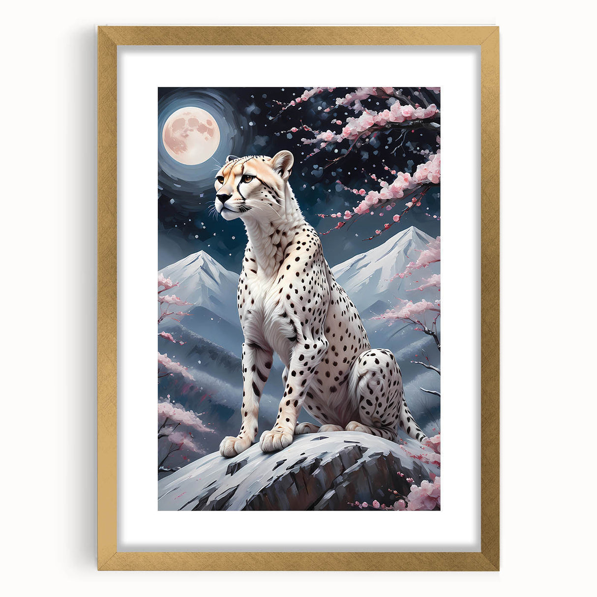 Cheetah wall art design featuring a striking front view of a cheetah framed in gold with a mat, ideal for wildlife enthusiasts and modern decor.
