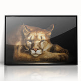 Framed acrylic wall art featuring a detailed black cougar design, showcasing its majestic profile against a sleek black background, perfect for wildlife enthusiasts.