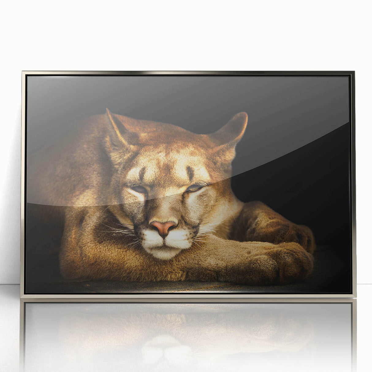 Framed wall art featuring a stunning silver-acrylic cougar design, showcasing a detailed depiction of a majestic wild feline in a natural setting, ideal for animal lovers.