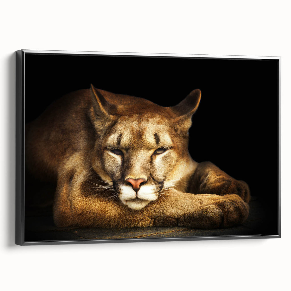 Framed wall art featuring a striking side view of a cougar in a wild landscape, showcasing vibrant colors and intricate details, perfect for animal lovers and home decor enthusiasts.