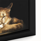 Close-up of a framed canvas wall art featuring a striking cougar design, showcasing vibrant colors and intricate details that enhance its natural beauty, perfect for wildlife enthusiasts.