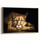Framed wall art featuring a majestic cougar design in a gold frame, showcasing rich colors and intricate details against a neutral background, ideal for animal lovers.