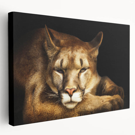 Stretched canvas wall art featuring a side view of a majestic cougar against a neutral backdrop, highlighting its vibrant colors and intricate details, ideal for wildlife enthusiasts.