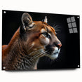 Acrylic wall art showcasing a side view of a cougar, featuring vibrant colors and intricate details, mounted with pins for a striking display in wildlife-themed decor.