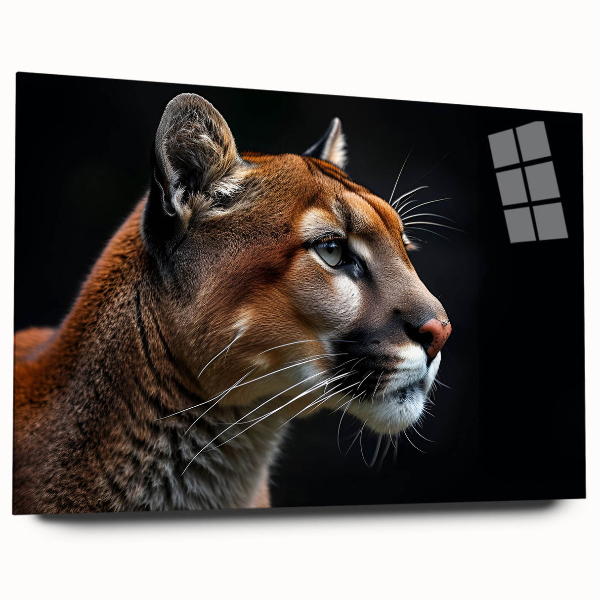 Acrylic wall art showcasing a side view of a majestic cougar in a vibrant natural setting, highlighting intricate details and bold colors, perfect for wildlife enthusiasts.