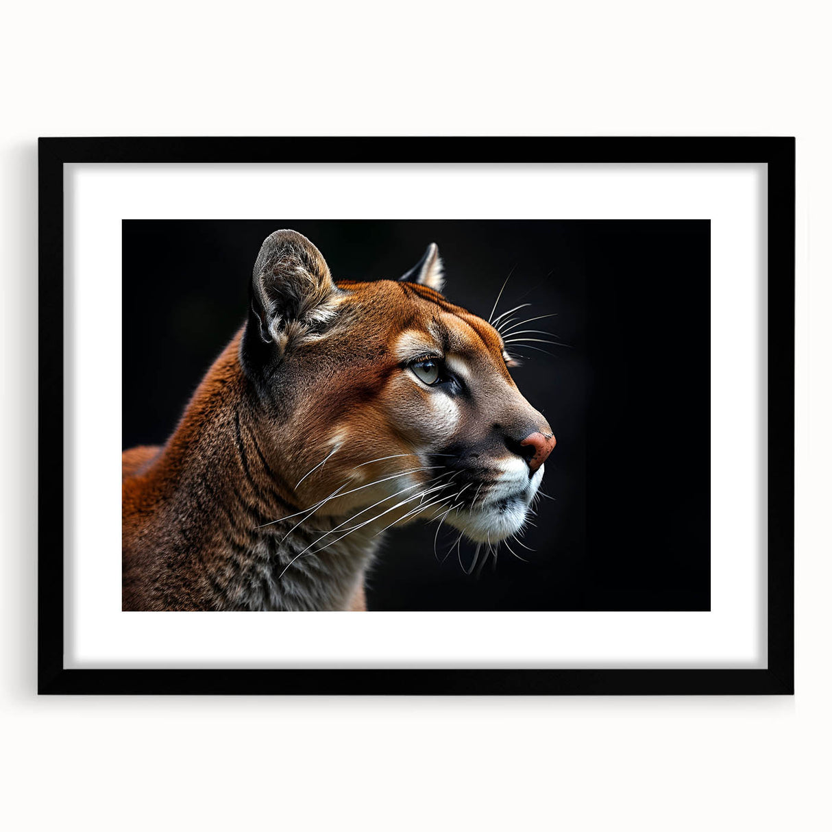 Black-framed wall art featuring a stunning cougar design, showcasing intricate details and vibrant colors, perfect for wildlife enthusiasts and home decor.