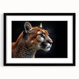 Black-framed wall art featuring a stunning cougar design, showcasing intricate details and vibrant colors, perfect for wildlife enthusiasts and home decor.