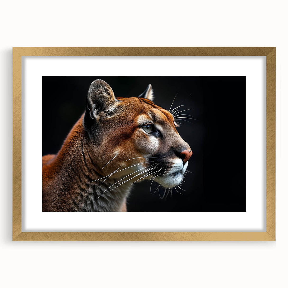 Framed wall art featuring a striking cougar design with a gold matting, showcasing realistic details and vibrant colors, perfect for wildlife enthusiasts and home decor.
