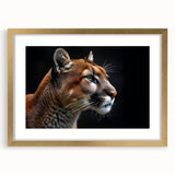 Framed wall art featuring a striking cougar design with a gold matting, showcasing realistic details and vibrant colors, perfect for wildlife enthusiasts and home decor.