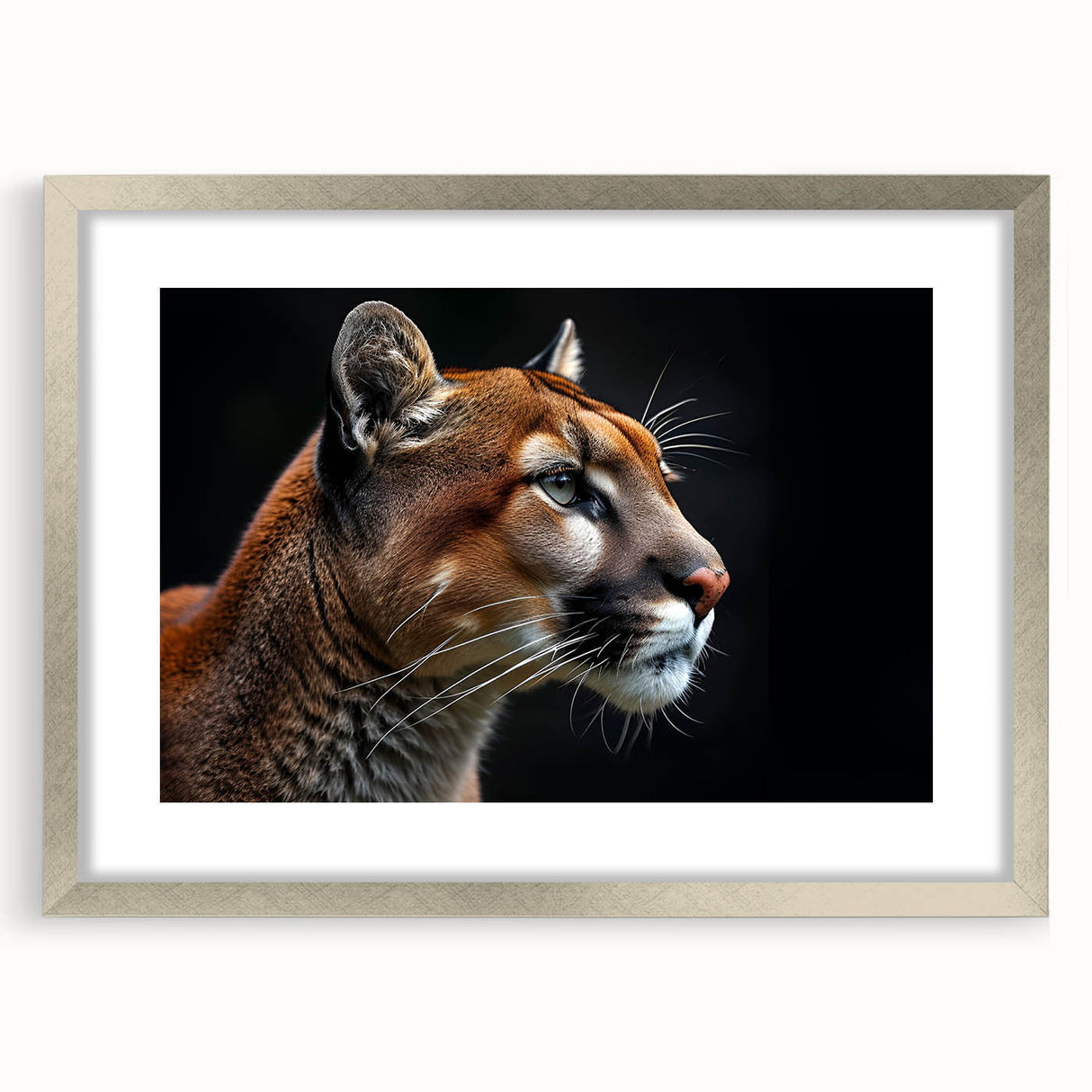 Framed wall art featuring a striking cougar design in a silver frame, set against a white mat. Ideal for wildlife enthusiasts and modern decor.