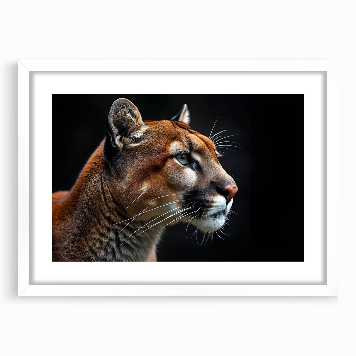 Framed wall art showcasing a majestic cougar design, featuring a white mat and sleek frame, ideal for enhancing modern home decor with a touch of wildlife elegance.