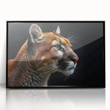 Framed acrylic wall art featuring a striking black cougar design against a minimalist background, perfect for modern wildlife decor in homes or offices.
