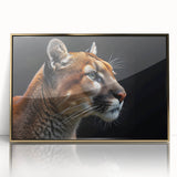 Framed wall art featuring a striking cougar design with acrylic glass front, showcasing rich colors and intricate details, ideal for wildlife enthusiasts.