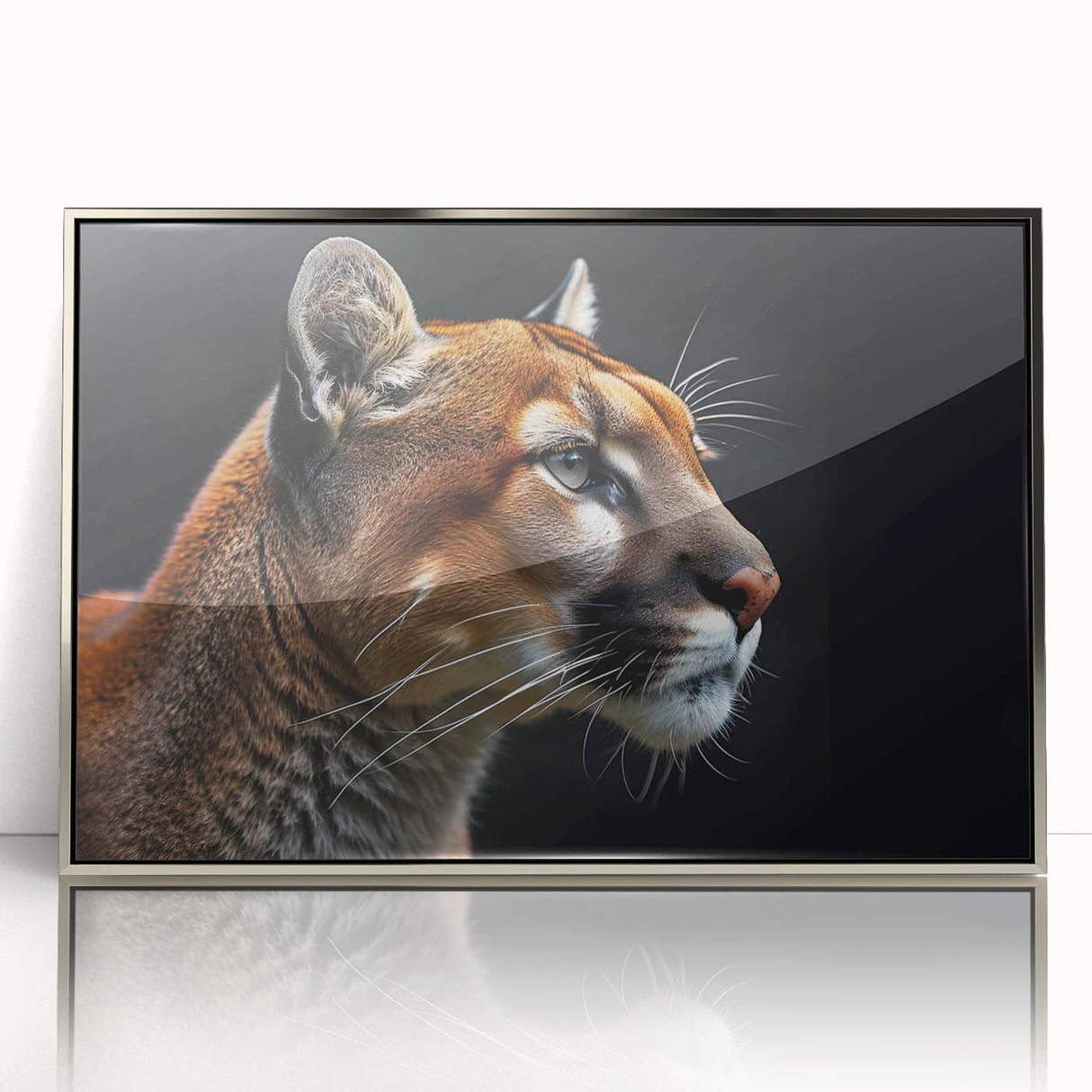 Framed wall art featuring a stunning silver-acrylic design of a cougar, showcasing its majestic profile against a sleek background, perfect for wildlife enthusiasts.