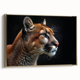 Framed canvas wall art featuring a stunning side view of a cougar in a gold color palette, showcasing intricate details and vibrant textures, perfect for wildlife enthusiasts.