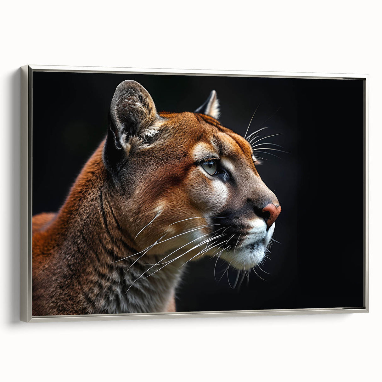 Framed canvas wall art featuring a sleek silver cougar design, showcasing a side view of the animal in a wild landscape, perfect for modern home decor.