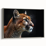 Framed canvas wall art featuring a sleek silver cougar design, showcasing a side view of the animal in a wild landscape, perfect for modern home decor.