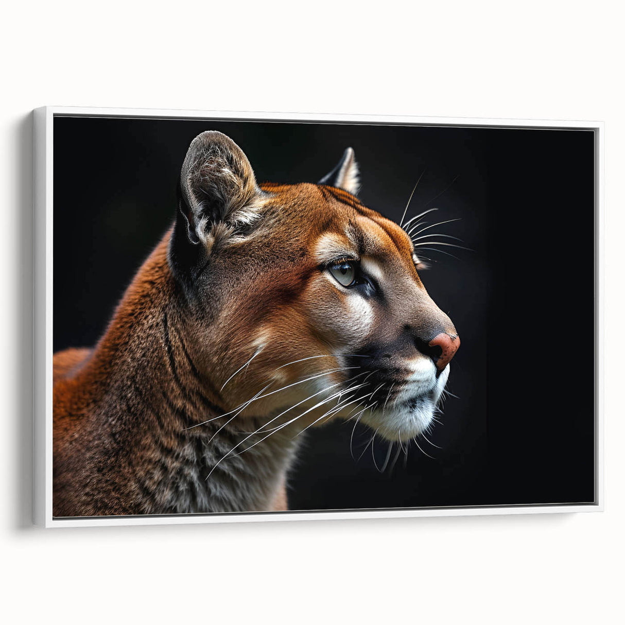 Framed wall art featuring a striking cougar design on a textured canvas, set against a white background, showcasing wildlife artistry and modern decor appeal.