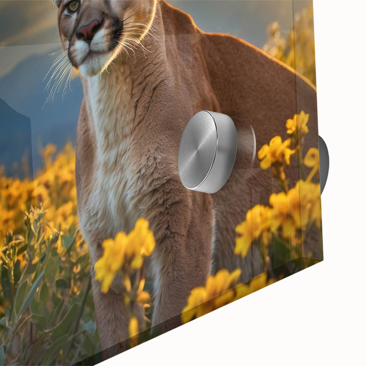 Close-up of a striking acrylic glass wall art piece featuring a detailed cougar design, showcasing vibrant colors and intricate textures, perfect for wildlife enthusiasts and modern decor.