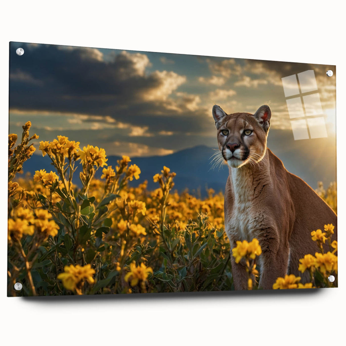 Acrylic wall art featuring a detailed side view of a cougar design, showcasing vibrant colors and intricate details, ideal for wildlife enthusiasts and home decor.