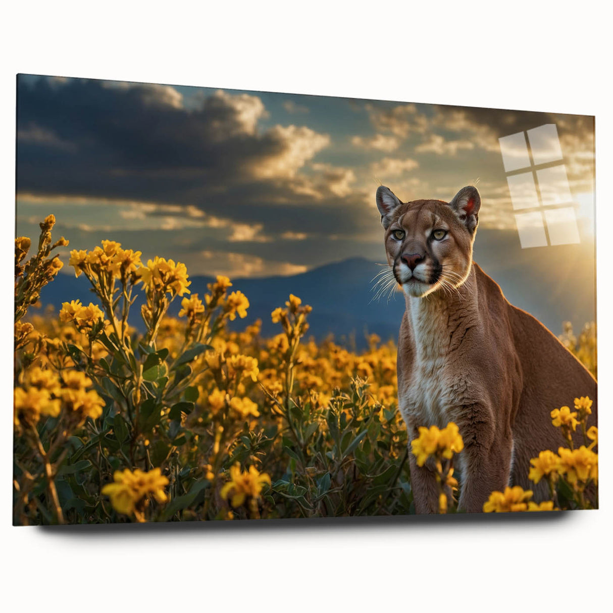 Elegant acrylic wall art showcasing a side view of a majestic cougar, part of a wildlife collection. The design highlights the animal's striking features and natural colors, perfect for home decor enthusiasts.