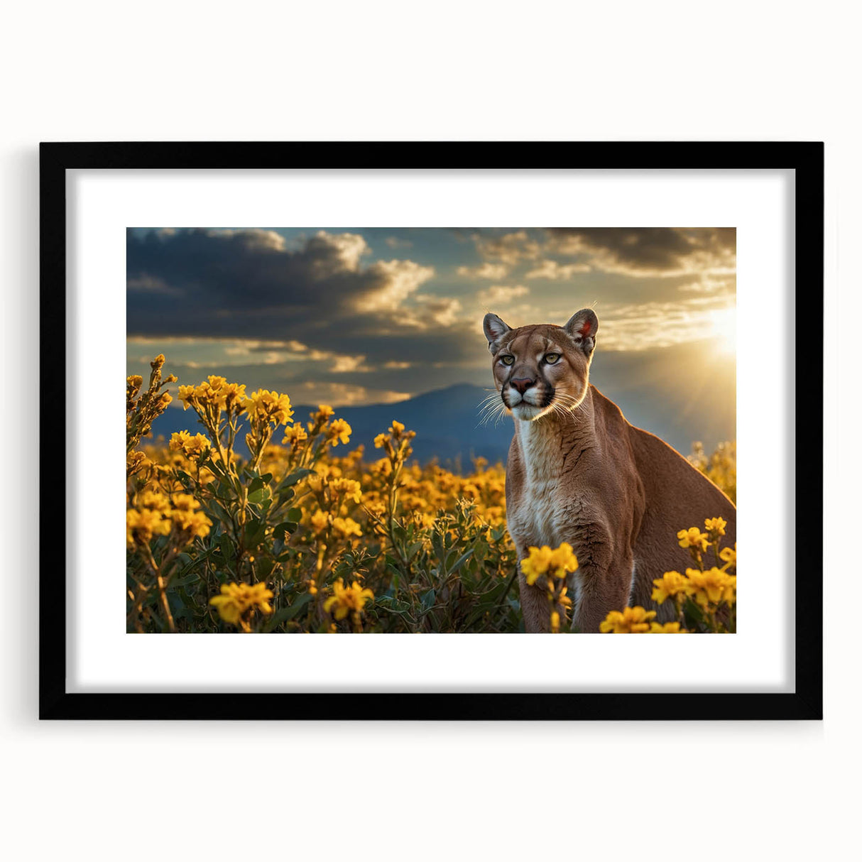 Black-framed wall art showcasing a striking cougar design, part of a wildlife collection, featuring intricate details and a mat for an elegant presentation.