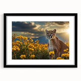 Black-framed wall art showcasing a striking cougar design, part of a wildlife collection, featuring intricate details and a mat for an elegant presentation.