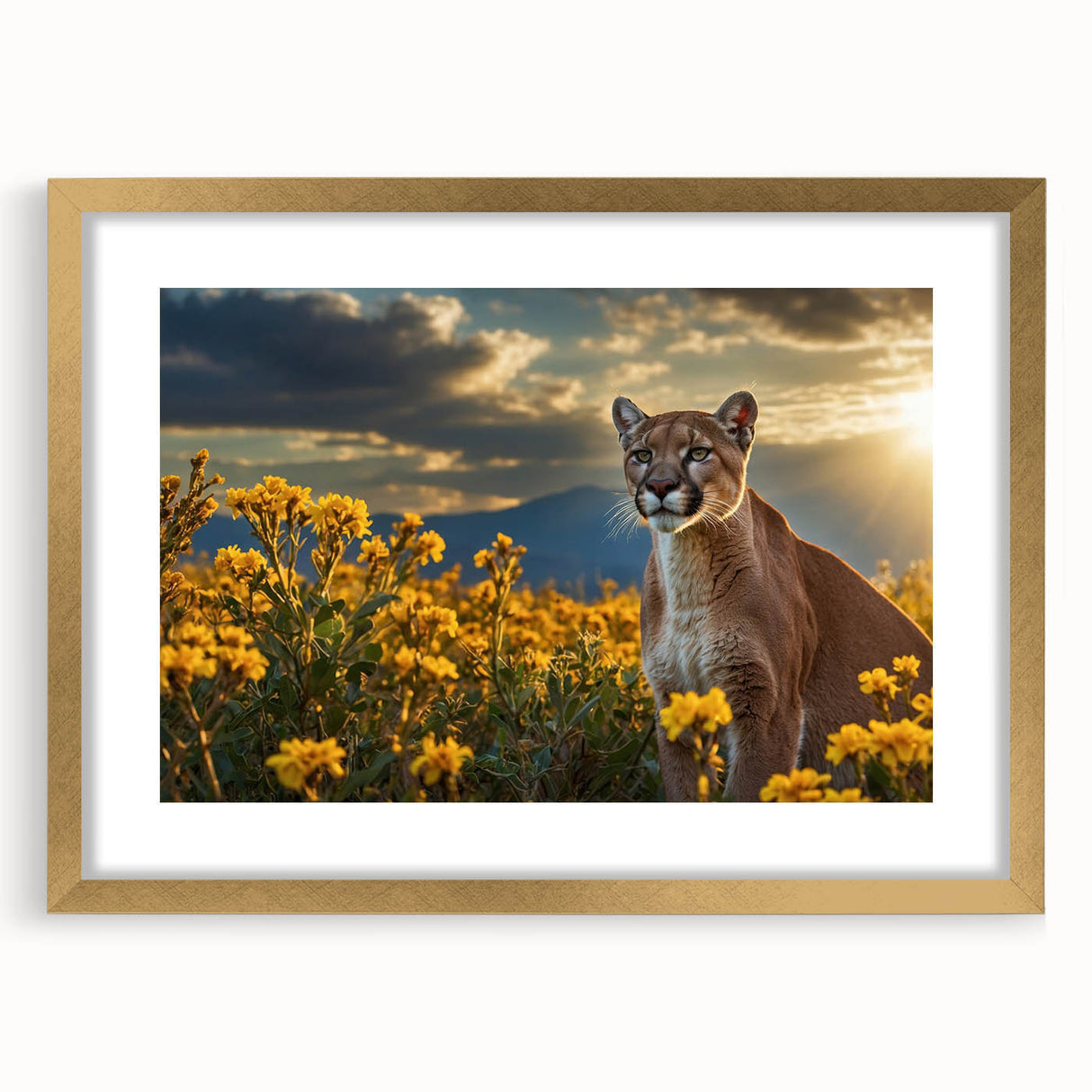 Elegant gold-framed wall art showcasing a detailed cougar design, perfect for wildlife enthusiasts. The art piece features a mat for added depth and sophistication, ideal for home decor.