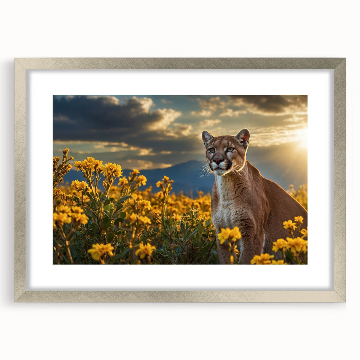 Framed wall art collection showcasing a striking cougar design, featuring a silver mat and sleek front view, perfect for wildlife enthusiasts and home decor.