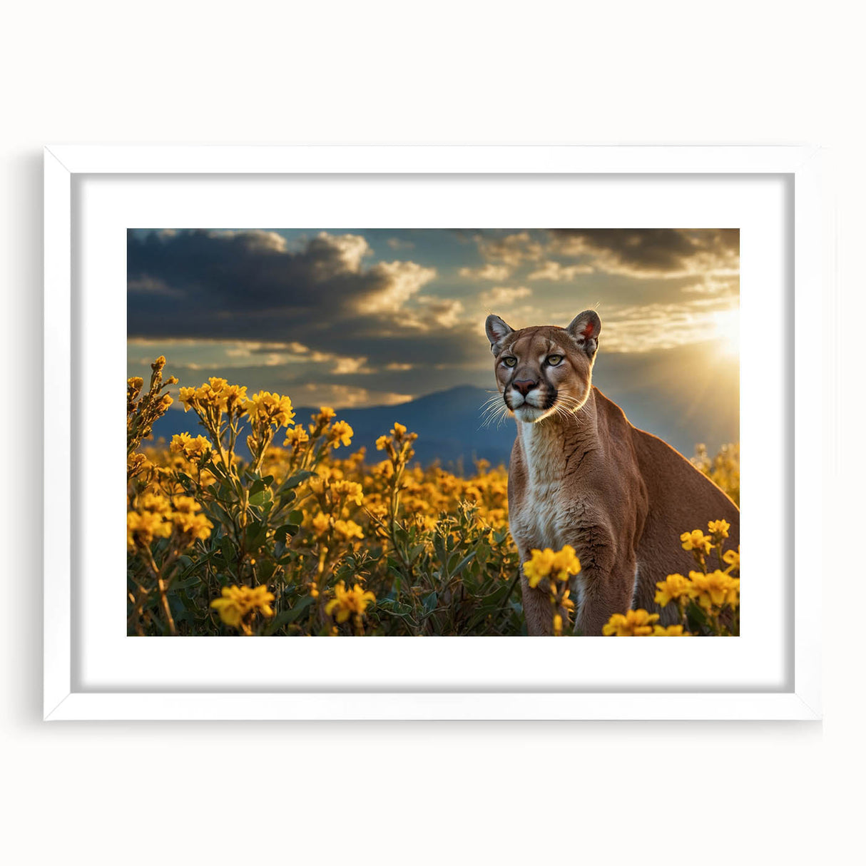 Framed wall art showcasing a vibrant cougar design in a white mat, perfect for wildlife enthusiasts. Ideal for home decor or gifts, enhancing any room's ambiance.
