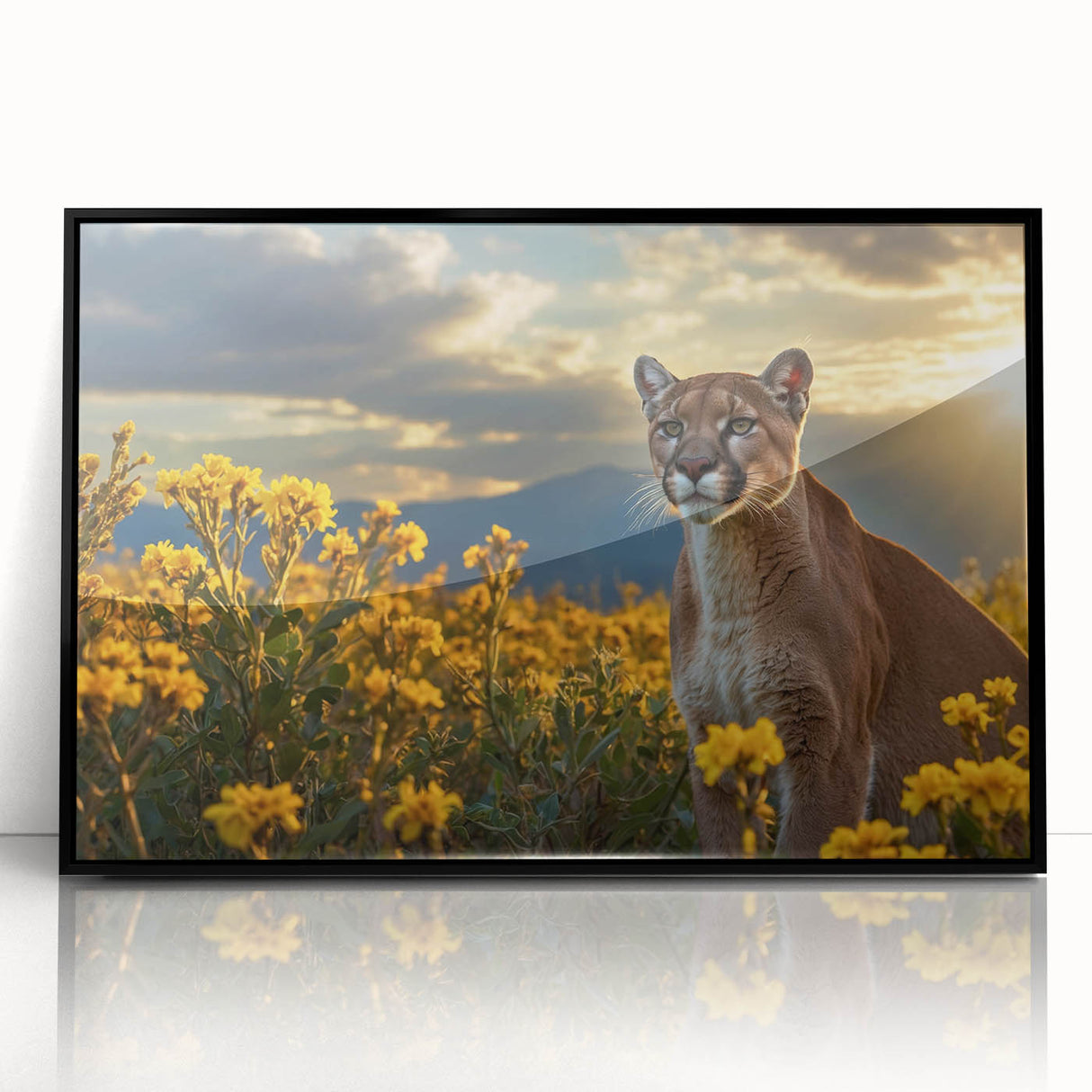 Framed acrylic wall art featuring a striking cougar design, showcasing vibrant colors and detailed wildlife imagery, perfect for nature enthusiasts and home decor.
