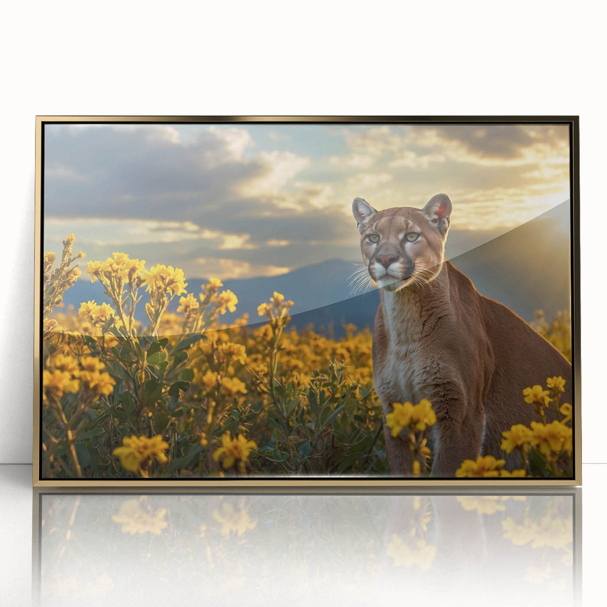Framed wall art featuring a stunning gold-accented design of a cougar, showcasing its fierce gaze and detailed fur texture, perfect for wildlife enthusiasts.
