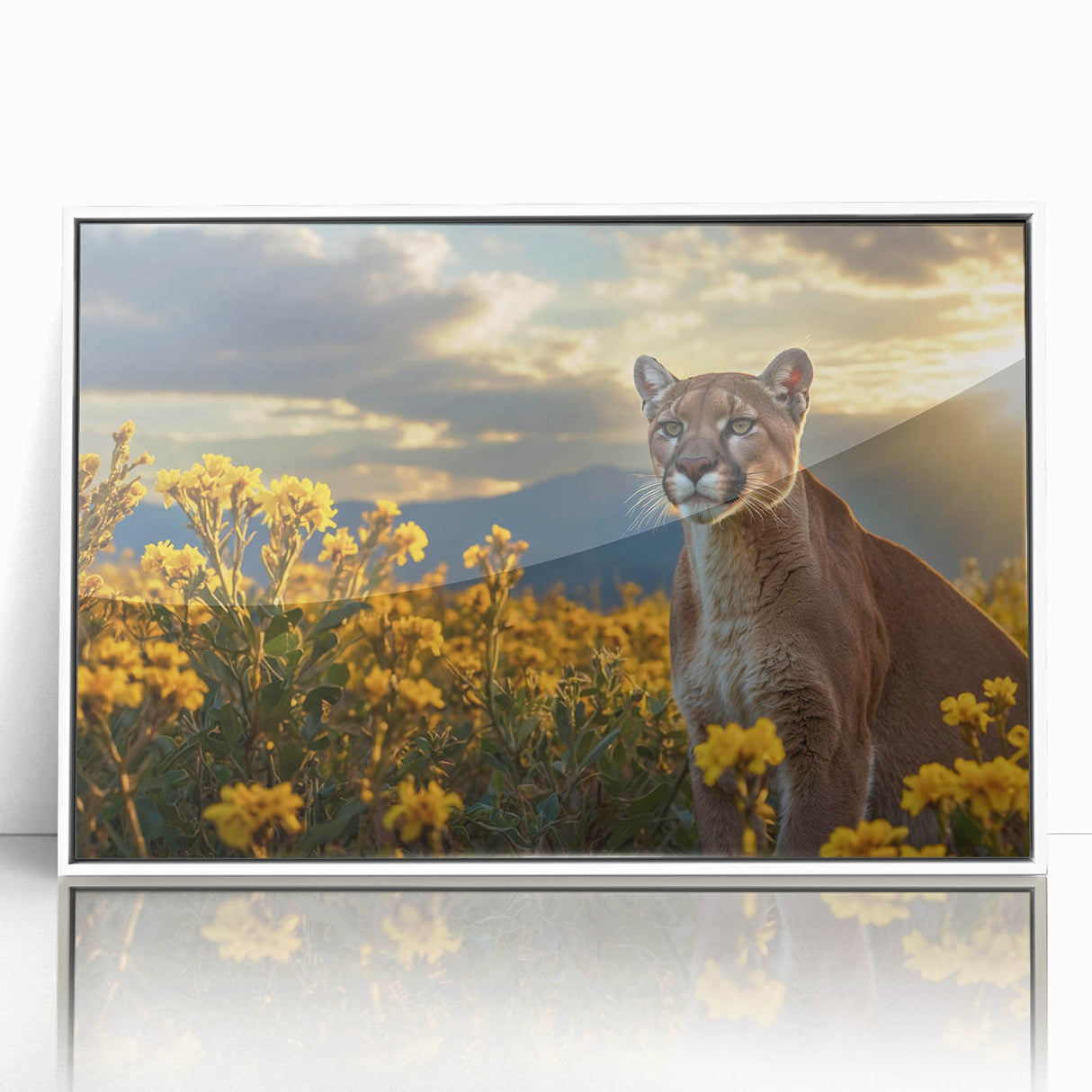 Framed wall art featuring a striking cougar design in a sleek white frame, showcasing vibrant colors and intricate details, perfect for wildlife enthusiasts and home decor.