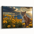 Framed canvas wall art showcasing a striking black cougar design in a contemporary style, featuring vibrant colors and a sleek side profile against a minimalist background, perfect for animal lovers and modern decor enthusiasts.