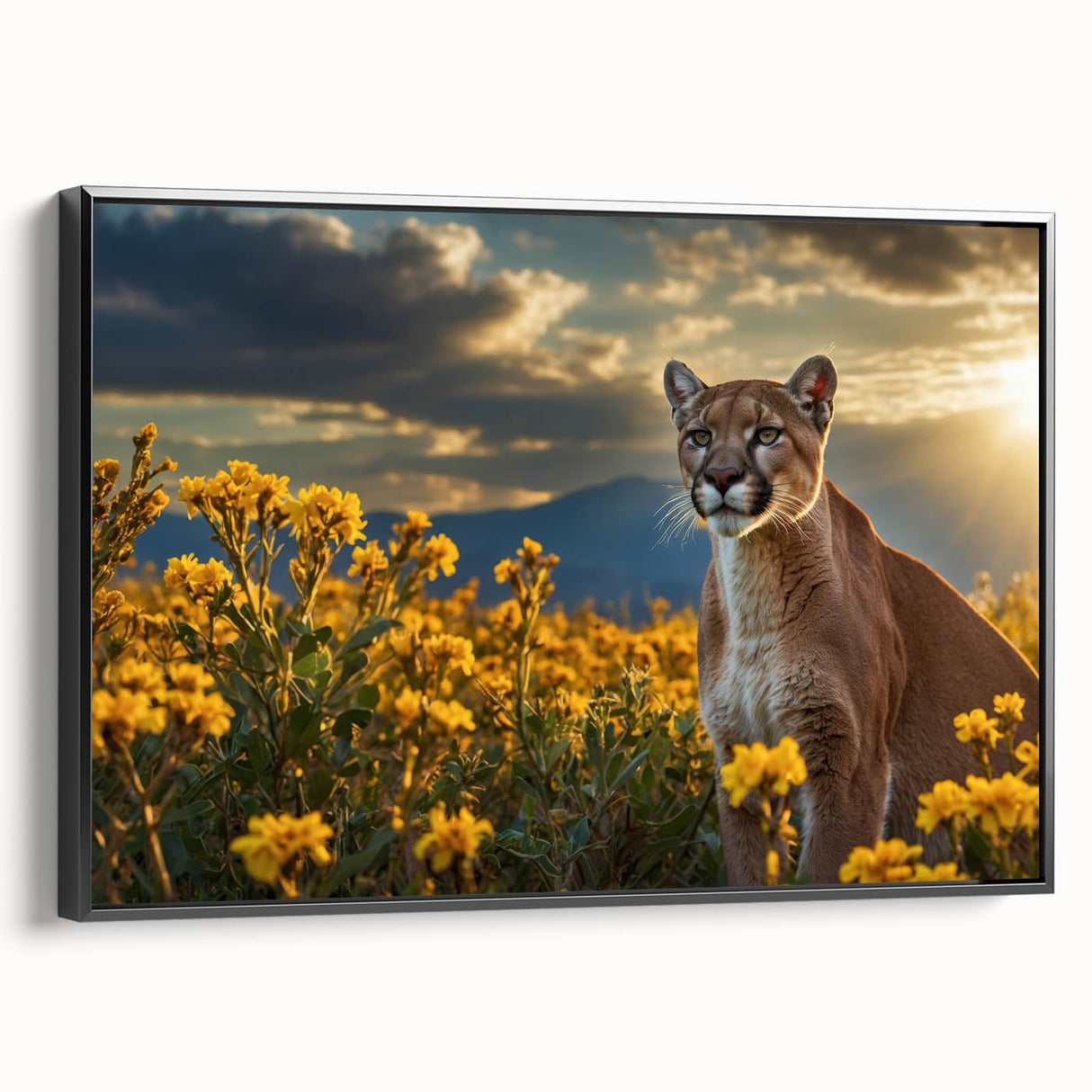 Framed canvas wall art showcasing a striking black cougar design in a contemporary style, featuring vibrant colors and a sleek side profile against a minimalist background, perfect for animal lovers and modern decor enthusiasts.