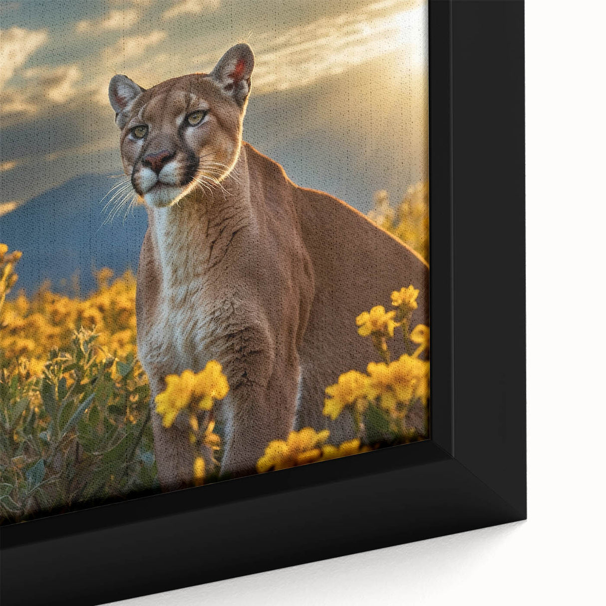 Close-up of a framed canvas wall art featuring a majestic cougar in a wild landscape, showcasing detailed fur textures and vibrant colors, ideal for animal lovers.