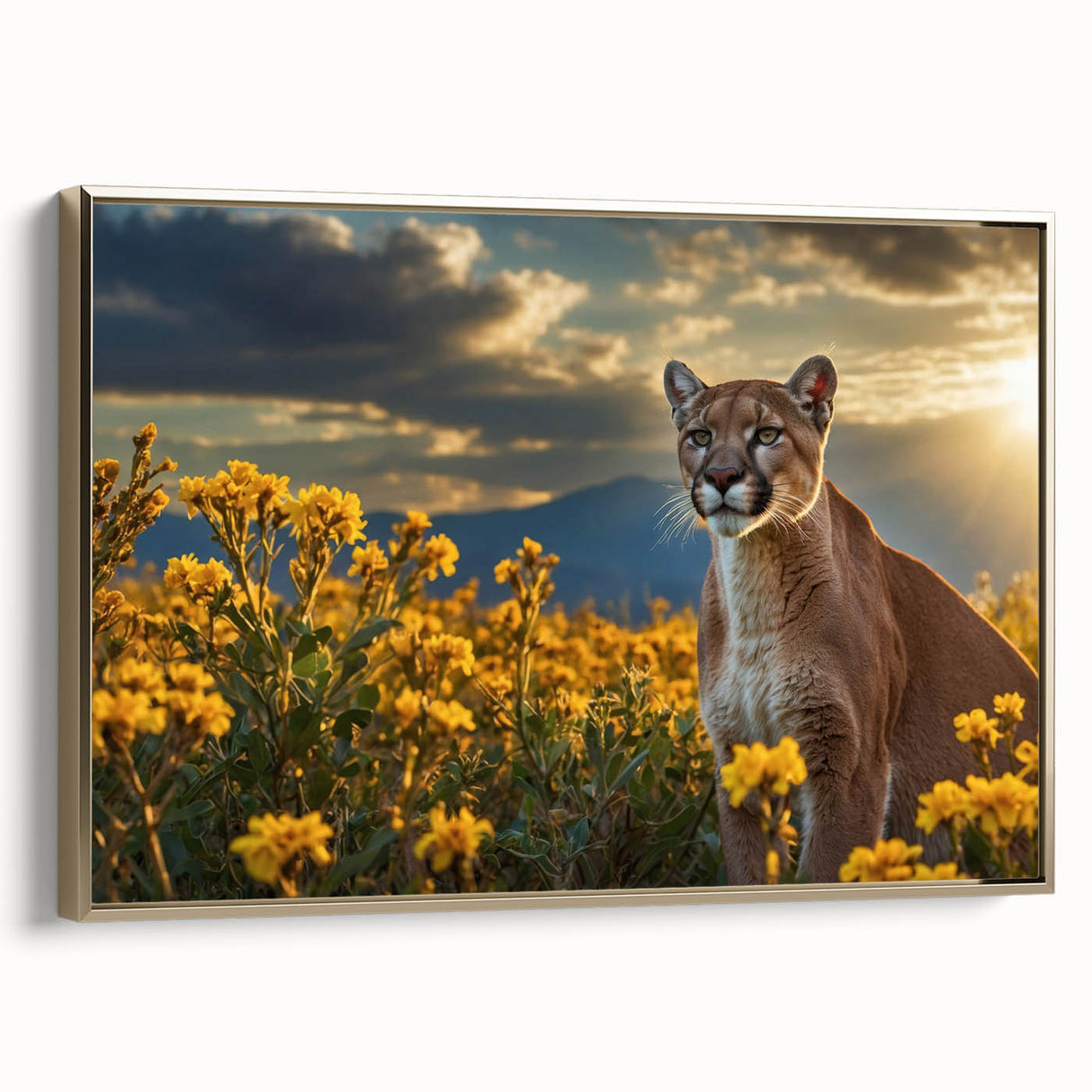 Framed wall art featuring a striking side view of a golden cougar design on canvas, showcasing intricate details and vibrant colors, perfect for animal lovers and home decor enthusiasts.