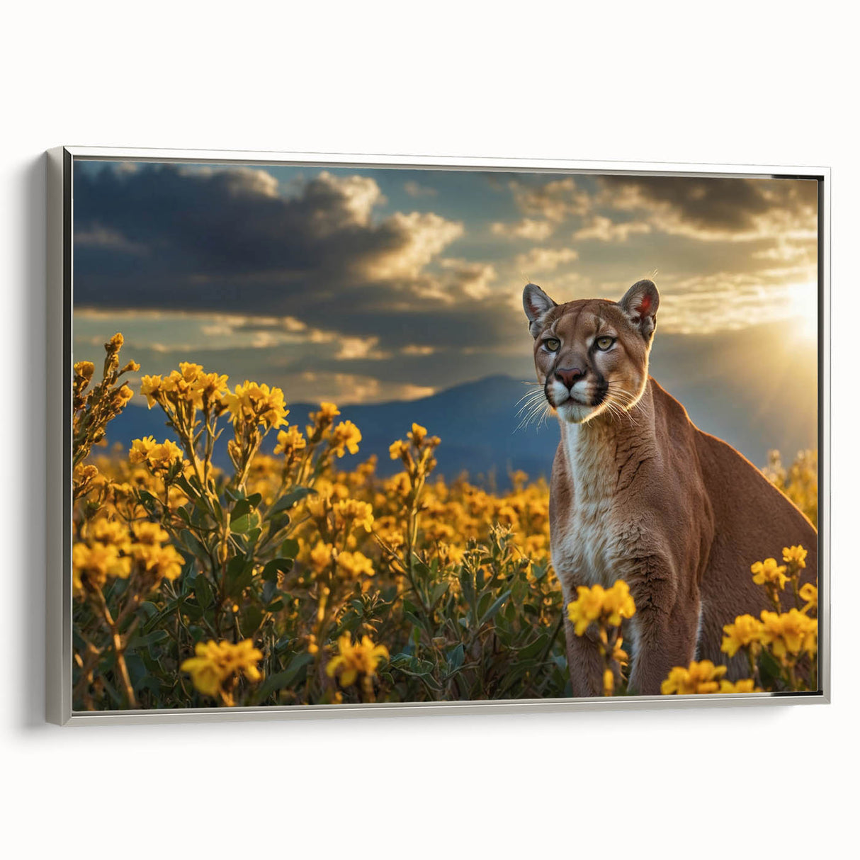 Framed wall art showcasing a stunning silver side view of a cougar design, perfect for enhancing home decor with wildlife-inspired aesthetics.