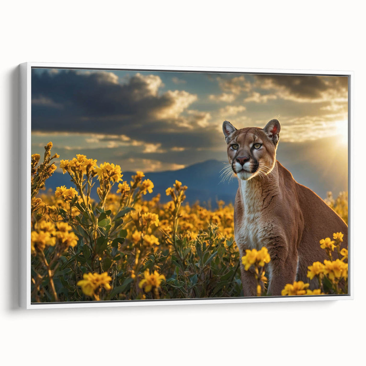 Framed wall art featuring a striking cougar design, showcasing the animal's graceful profile against a white background, perfect for wildlife enthusiasts and home decor.