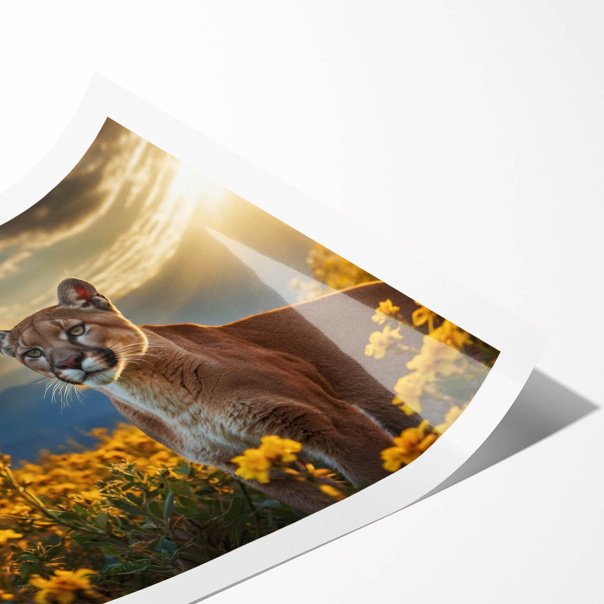 Stylized wall art print featuring a majestic cougar in a natural setting, showcasing vibrant colors and intricate details, perfect for wildlife enthusiasts and home decor.