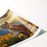 Stylized wall art print featuring a majestic cougar in a natural setting, showcasing vibrant colors and intricate details, perfect for wildlife enthusiasts and home decor.