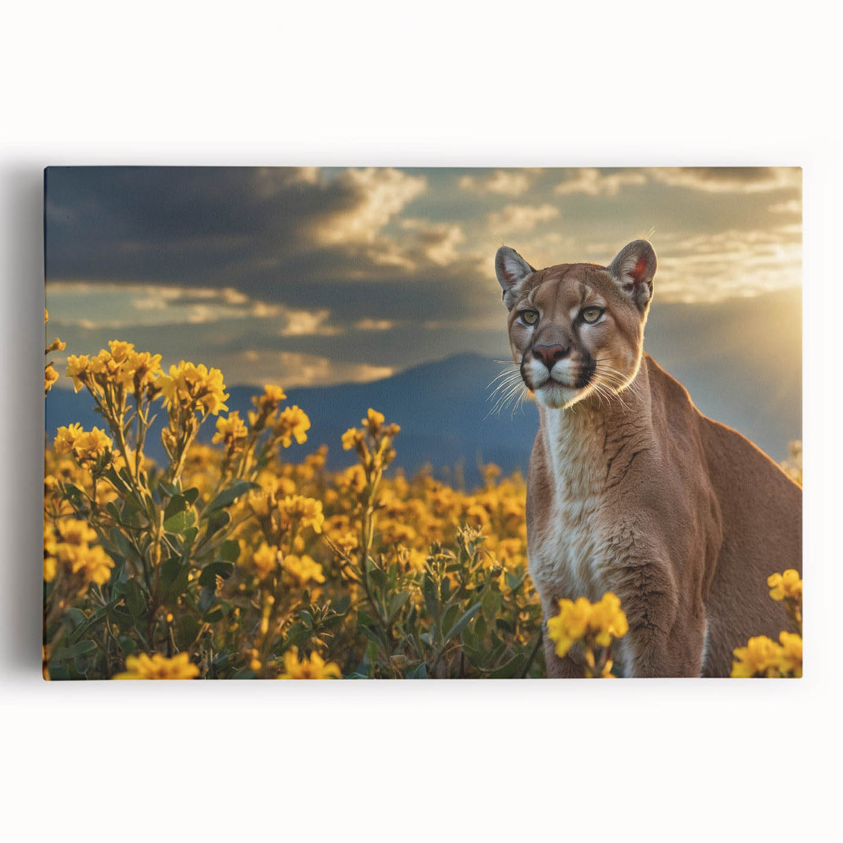 Stretched canvas wall art featuring a striking frontal view of a cougar, showcasing its detailed fur texture and vibrant colors, perfect for wildlife enthusiasts and home decor.