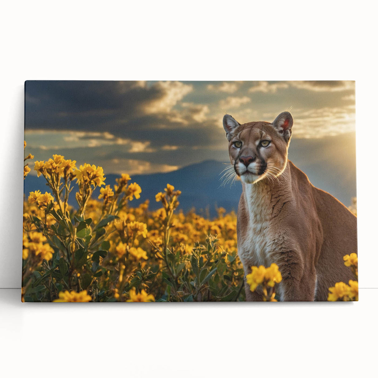 Stretched canvas artwork showcasing a striking cougar design, featuring a vibrant color palette and intricate detailing, perfect for wildlife enthusiasts and home decor.