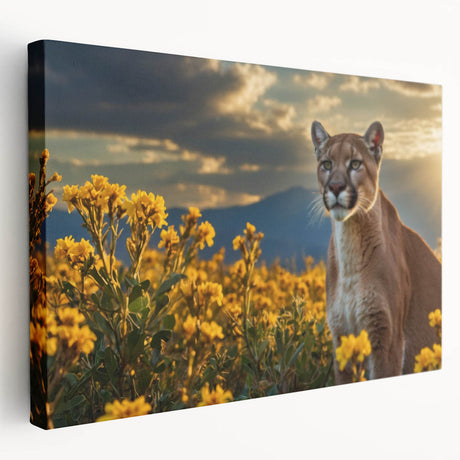 Stretched canvas wall art showcasing a side view of a majestic cougar, vividly colored with intricate details, perfect for wildlife enthusiasts and home decor.
