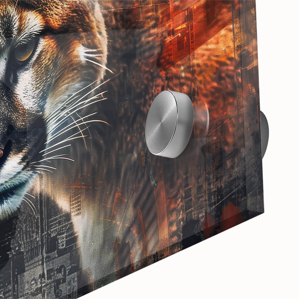 Close-up of a striking acrylic wall art piece featuring a detailed illustration of a cougar, showcasing vibrant colors and intricate textures, perfect for wildlife enthusiasts.